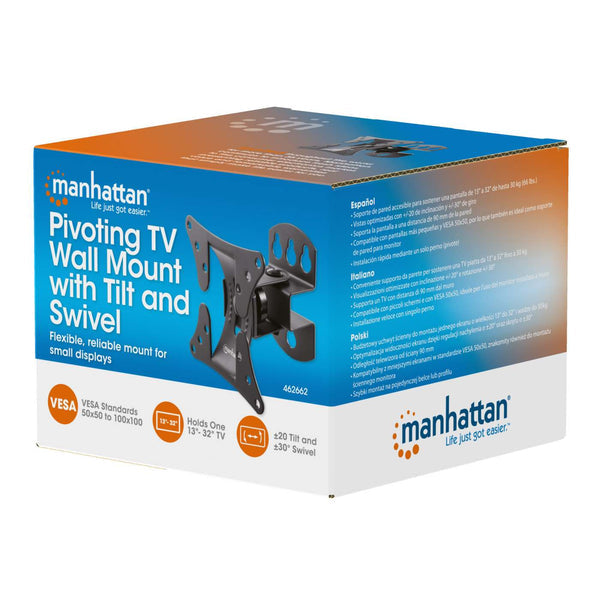 Manhattan Pivoting Wall Mount for TV & Monitors (Tilt and Swivel), For screens 13" to 27", VESA compatibility: all between 75x75mm and 100x100mm - check the dimensions of the four mounting holes on back of screen to ensure it fits, Single Stud Bracket, Ma