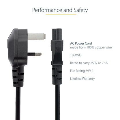 StarTech.com 3ft (1m) UK Laptop Power Cable, BS 1363 to C5 (Clover Leaf), 2.5A 250V, 18AWG, UK Laptop Replacement Cord, Printer Power Cable, Laptop Charger Cord, Laptop Power Brick Cord