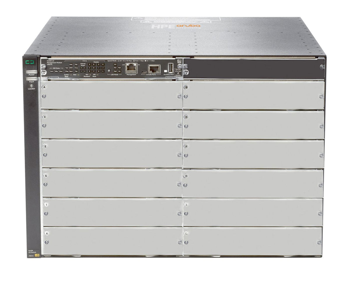 Hewlett Packard Enterprise 5412R zl2 Switch 5412R zl2, 444.5 mm, 450.9 mm, 307.9 mm, 17.3 kg, 12 open module slots Supports a maximum of 96 10GbE