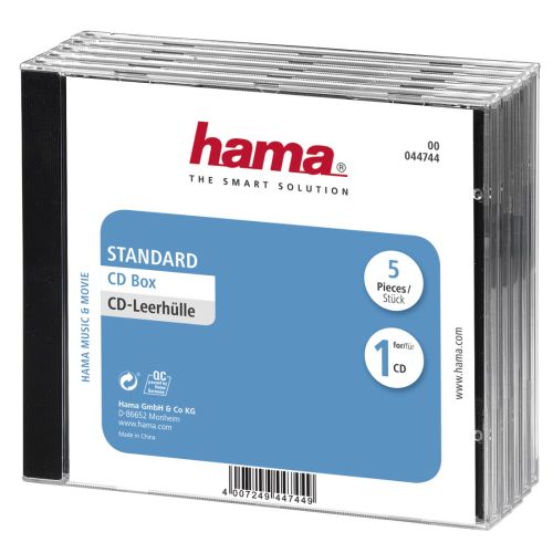 Hama Standard CD/DVD/Blu-Ray Slim Jewel Cases x5, Transparent/Black