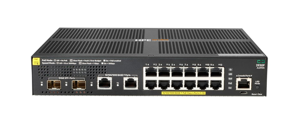 Hewlett Packard Enterprise ARUBA 2930F 12G POE+ SWITCH Aruba 2930F 12G PoE+ 2G/2SFP+, Managed, L3, Gigabit Ethernet (10/100/1000), Power over Ethernet