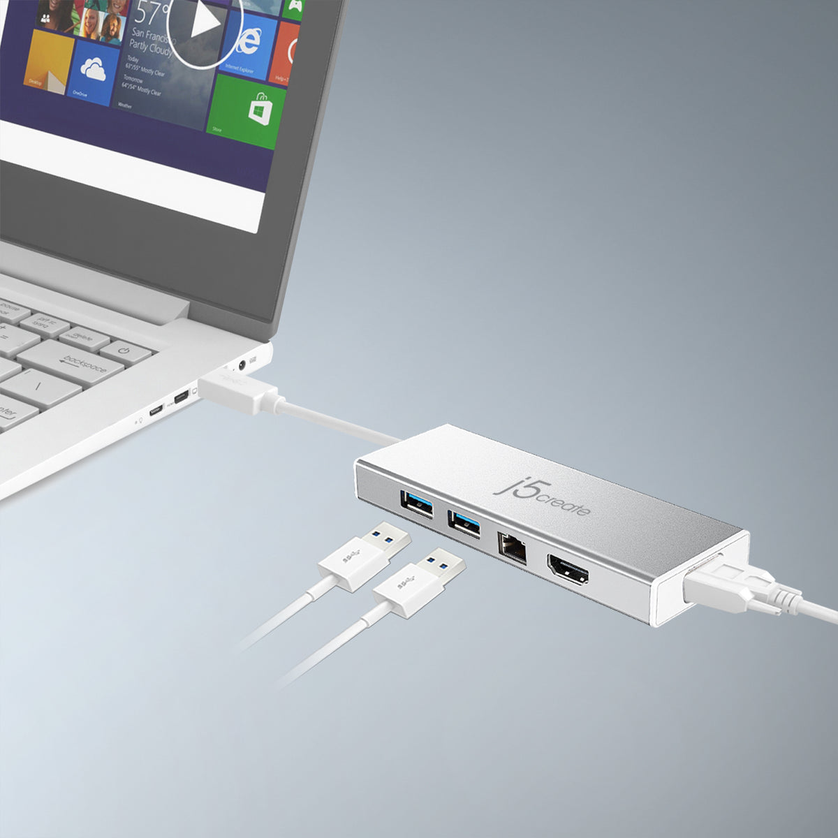j5create JUD380 USB™ 3.0 Mini Dock, includes 1x HDMI port and 3x USB ports, Silver