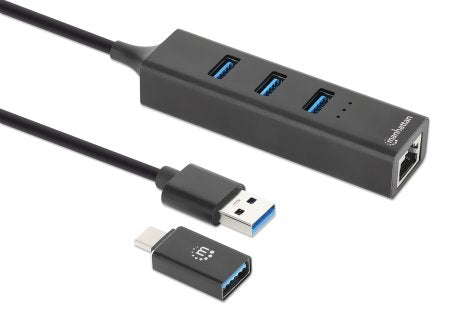 Manhattan USB-C & USB-A Combo Dock/Hub, Ports (4): Ethernet and USB-A (x3), 5 Gbps (USB 3.2 Gen1 aka USB 3.0), USB powered (no external power supply required)