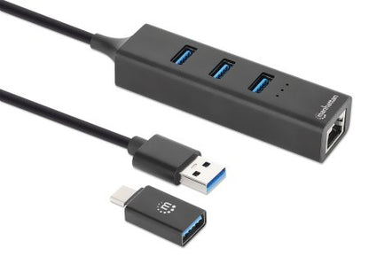 Manhattan USB-C & USB-A Combo Dock/Hub, Ports (4): Ethernet and USB-A (x3), 5 Gbps (USB 3.2 Gen1 aka USB 3.0), USB powered (no external power supply required)