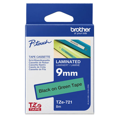 Brother TZE-721 DirectLabel black on green Laminat 9mm x 8m for Brother P-Touch TZ 3.5-18mm/6-12mm/6-18mm/6-24mm/6-36mm