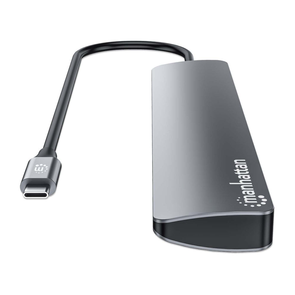 Manhattan USB-C Dock/Hub, Ports (x7): USB-A (x3) and USB-C (x4), with Power Delivery (PD) 100W- requires external USB-C charger (not included). USB powered (no external power supply required) when PD is not in use, Aluminium