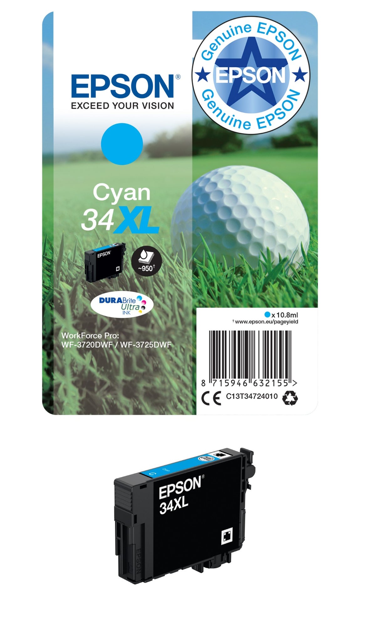 Epson C13T34724010/34XL Ink cartridge cyan high-capacity, 950 pages 10.8ml for Epson WF-3720
