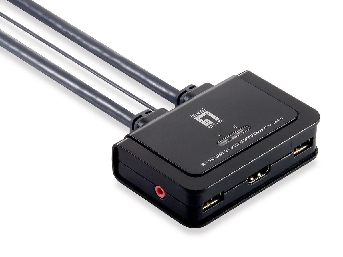 LevelOne Cable KVM Switch, 2 Ports 2-Port USB HDMI Cable KVM Switch, 1920 x 1200 pixels, Black, Grey