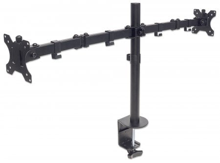 Manhattan Dual Desk Mount for TV & Monitors (Full Motion), For screens 10" to 27", Clamp Assembly, VESA compatibility: 75x75 and 100x100mm - check the dimensions of the four mounting holes on back of screen to ensure it fits, Max 8kg (each), Black, Bracke