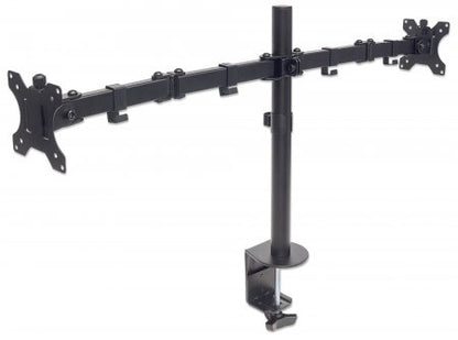 Manhattan Dual Desk Mount for TV & Monitors (Full Motion), For screens 10" to 27", Clamp Assembly, VESA compatibility: 75x75 and 100x100mm - check the dimensions of the four mounting holes on back of screen to ensure it fits, Max 8kg (each), Black, Bracke