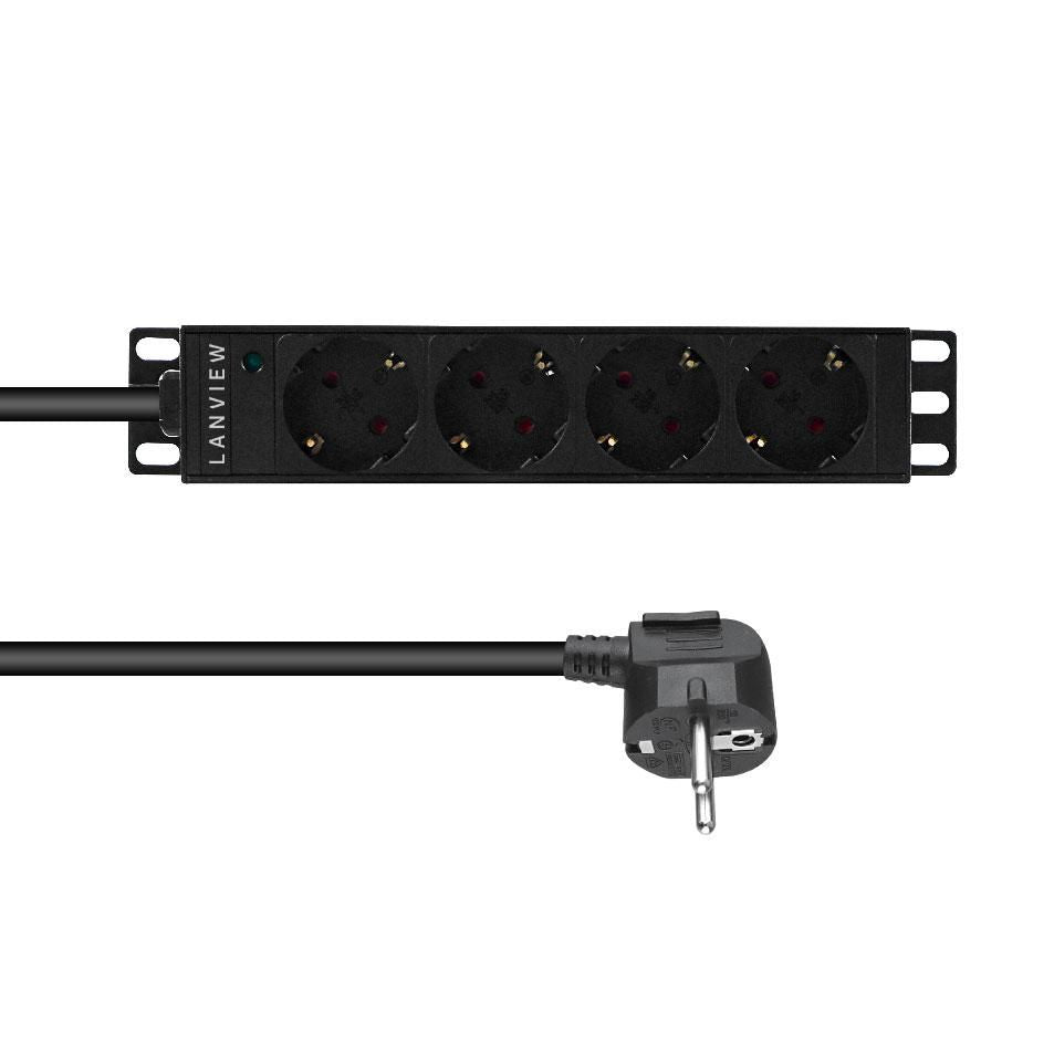 Lanview 10´´ 4-way Schuko outlets with 2-meter 3G1.5mm2 cable with Schuko plug, with Light indicator