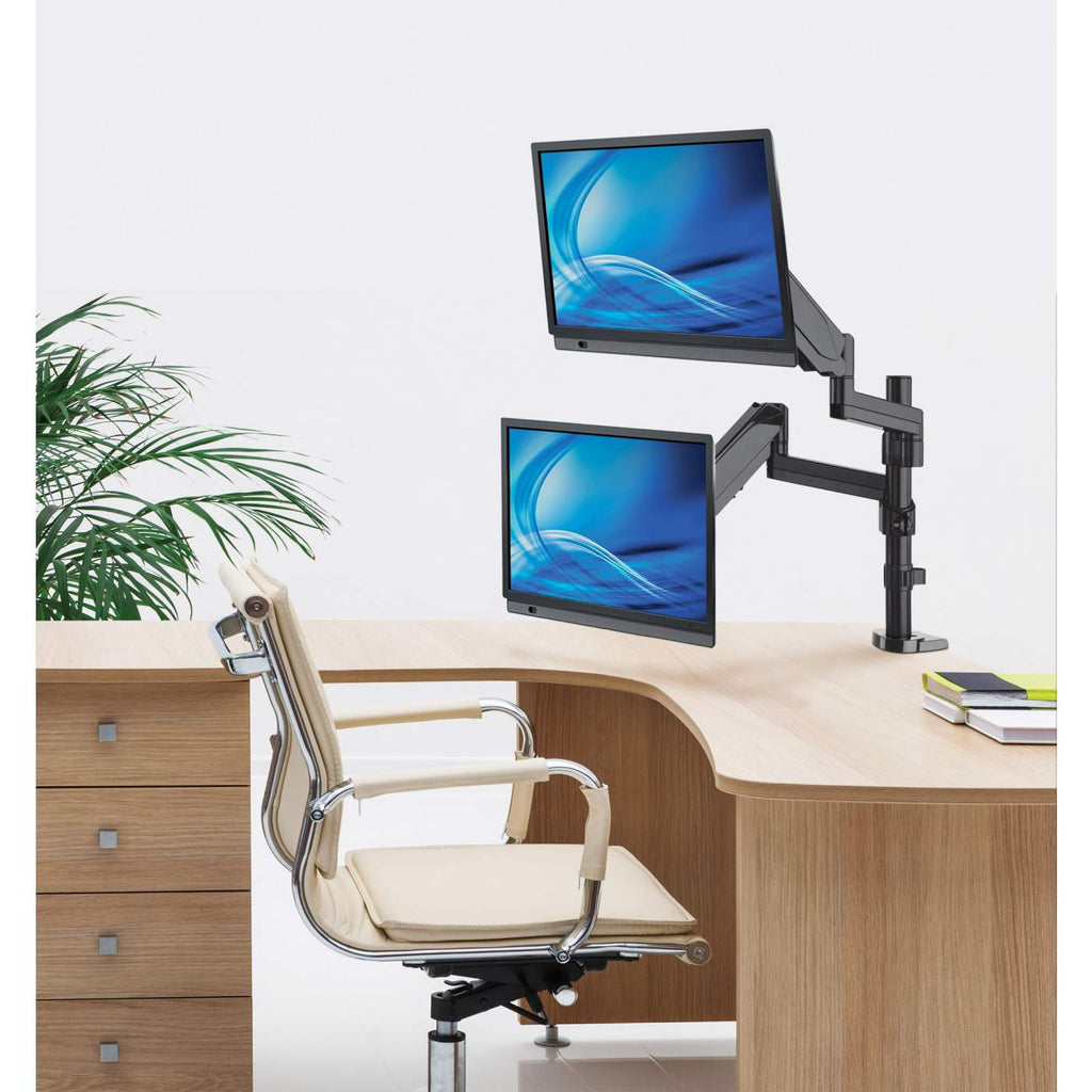 Manhattan Dual Desk Mount for TV & Monitors (Full Motion Gas Spring), For screens 10" to 27", Clamp or Grommet Assembly, VESA compatibility: 75x75 and 100x100mm - check the dimensions of the four mounting holes on back of screen to ensure it fits, Max 8kg