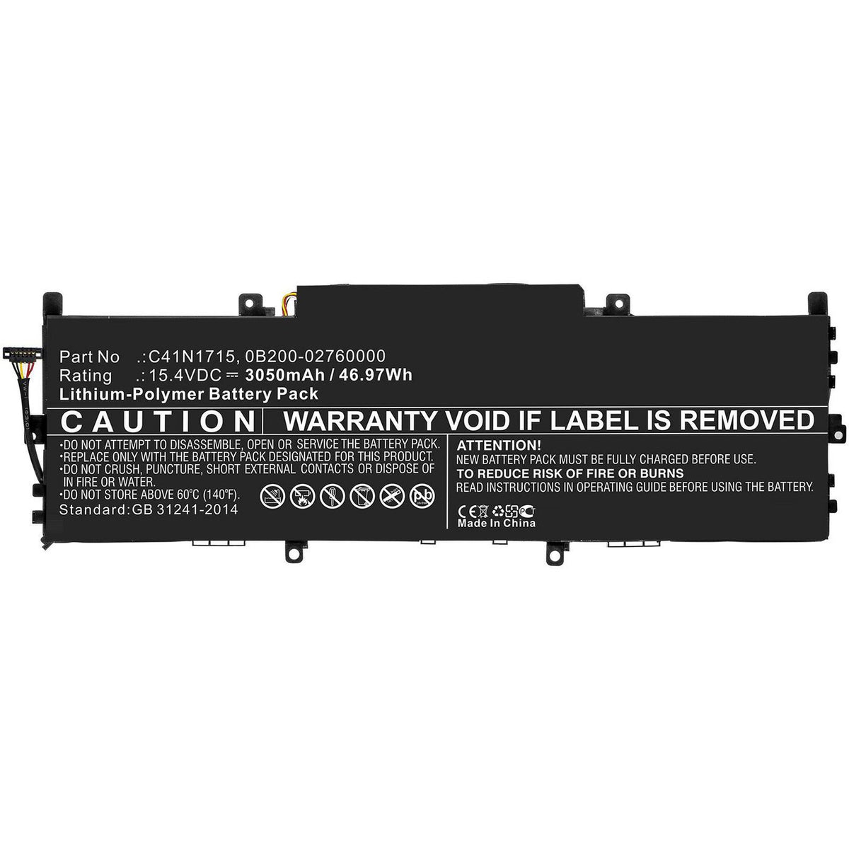 CoreParts Laptop Battery for Asus 45.60Wh 15.2V 3000mAh 47Wh Li-Pol 15.4V 3050mAh for ASUS U3100FN