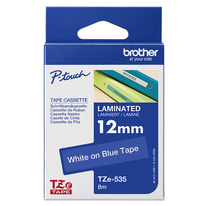 Brother TZE-535 DirectLabel white on blue Laminat 12mm x 8m for Brother P-Touch TZ 3.5-18mm/6-12mm/6-18mm/6-24mm/6-36mm