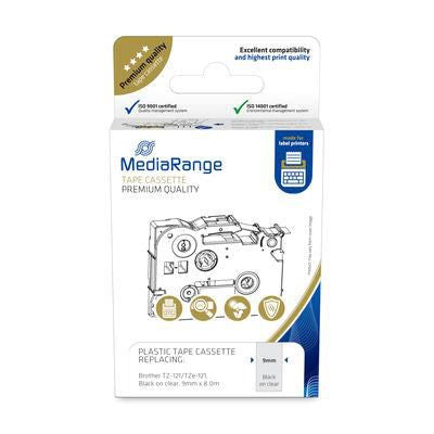 MediaRange Plastic Tape Cassette, For Label Printers Using Brother Tz-121/Tze-121, Permanent Adhesive, 9Mm, 8M, Laminated, Black On Clear