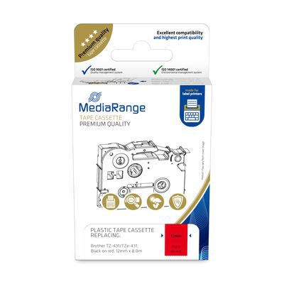 MediaRange Plastic Tape Cassette, For Label Printers Using Brother Tz-431/Tze-431, Permanent Adhesive, 12Mm, 8M, Laminated, Black On Red