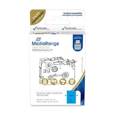 MediaRange Plastic Tape Cassette, For Label Printers Using Brother Tz-531/Tze-531, Permanent Adhesive, 12Mm, 8M, Laminated, Black On Blue