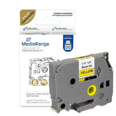 MediaRange Plastic Tape Cassette, For Label Printers Using Brother Tz-631/Tze-631, Permanent Adhesive, 12Mm, 8M, Laminated, Black On Yellow