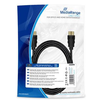 MediaRange Hdmi High Speed With Ethernet Connection Cable, Gold-Plated Contacts, 18 Gbit/S Data Transfer Rate, 3.0M, Cotton, Black