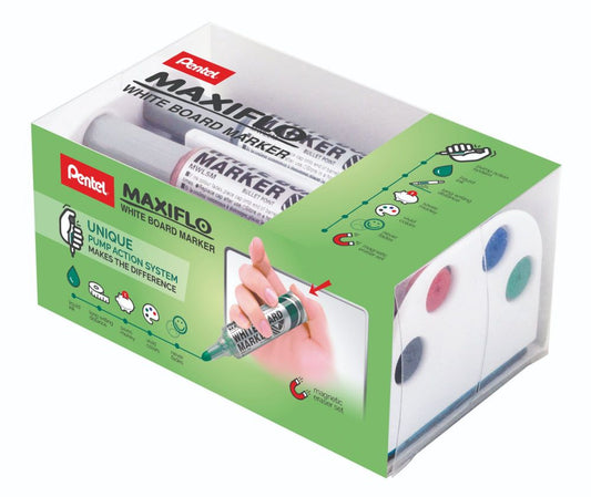 Pentel Maxiflo Whiteboard Marker and Eraser Set Bullet Tip 3mm Line Assorted Colours (Pack 4) - MWL5M/MAG/4-M