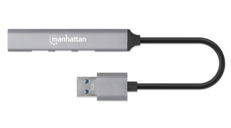 Manhattan USB-A 4-Port Hub, 4x USB-A Ports (1x 5 Gbps USB 3.2 Gen1 aka USB 3.0, 3 x 480 Mbps USB 2.0), USB powered (no external power supply required), Aluminium