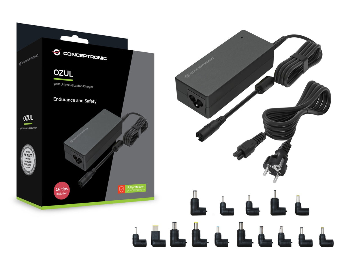 Conceptronic OZUL08B15 90W Universal Laptop Charger, 15 Charging Tips incl.