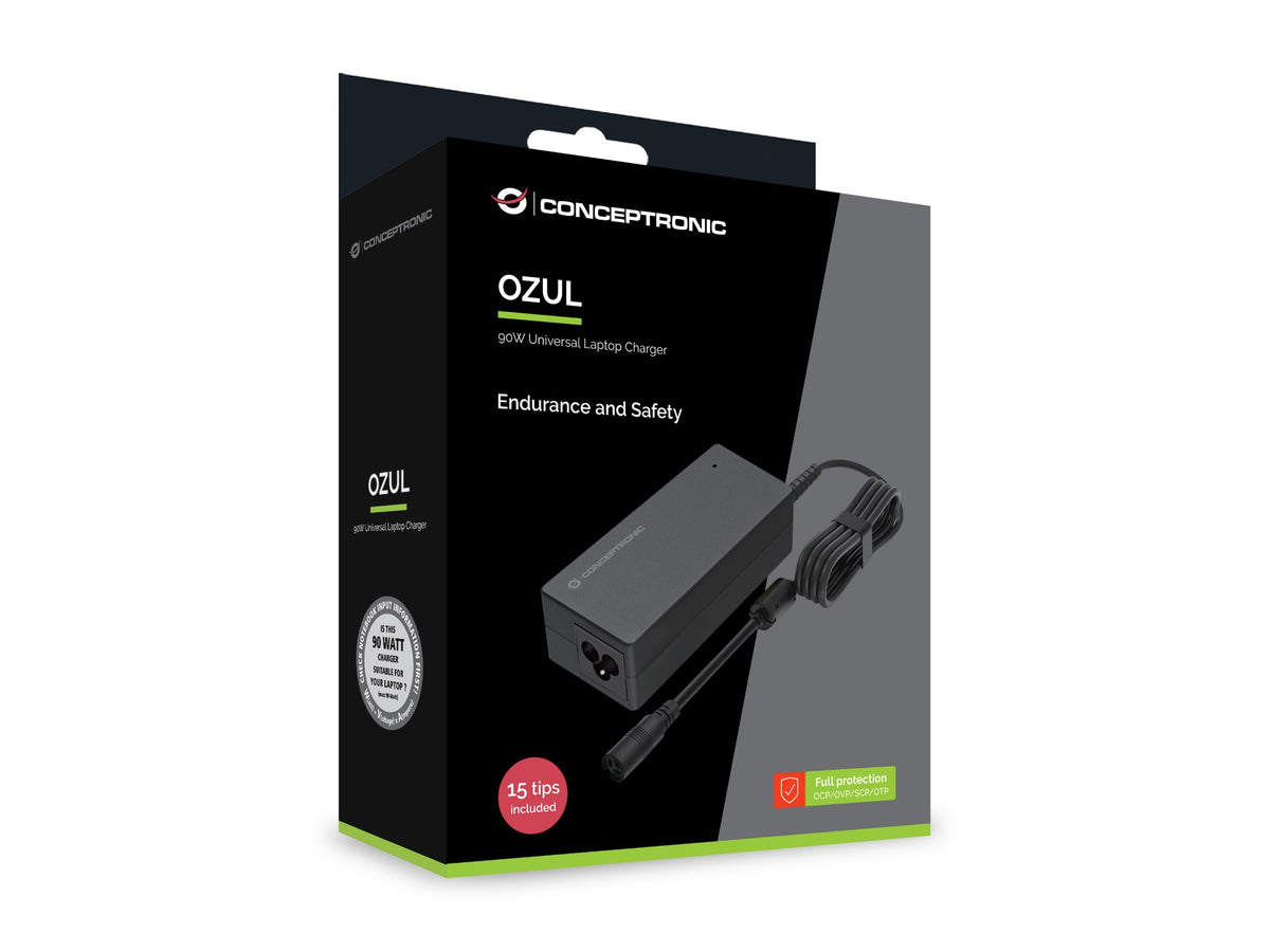 Conceptronic OZUL08B15 90W Universal Laptop Charger, 15 Charging Tips incl.