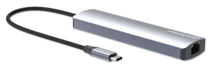 Manhattan USB-C Dock/Hub, Ports (x6): Ethernet, HDMI, USB-A (x3) and USB-C, with Power Delivery (PD) 100W- requires external USB-C charger (not included). USB powered (no external power supply required) when PD is not in use