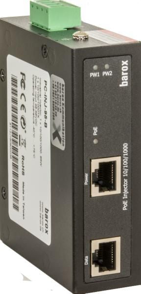 Barox PoE-Iinjector for DIN Rail mount. extended temperature range, power supply from 12VDC PoE+ 30W, 2x10/100/1000TX für