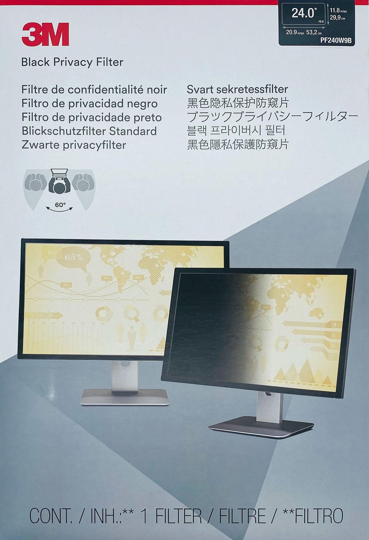 3M Privacy Filter 24" 16:9 AntiGlare, Frameless, Black Screen Attachment: Attachment Strips and Slide Mount Tabs