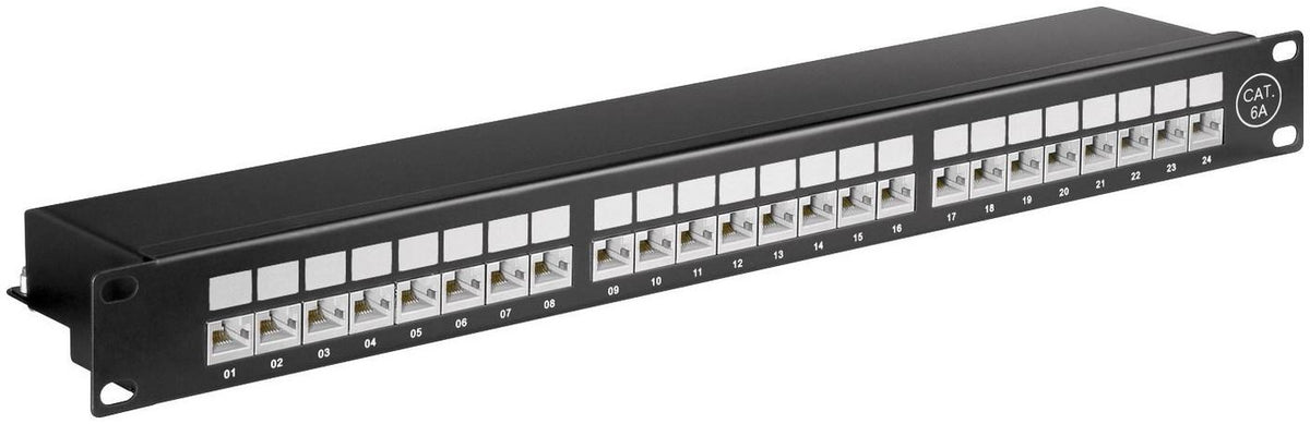 MicroConnect CAT6a 24 port 19" Patch Panel, STP Shielded, black, internal connection technology for LSA insulation displacement terminals