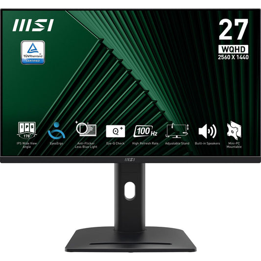 MSI 27 Inch Monitor, Qhd (2560 X 1440), 100Hz, Ips, 1Ms, 2X Hdmi 2.0B, 1X Dp 1.2A Output, Built-In Speakers, Anti-Glare, Anti-Flicker, Less