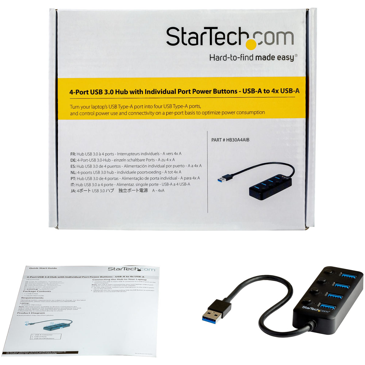 StarTech.com 4 Port Bus Powered USB Hub with Individual On/Off Switches, USB 3.0 (5Gbps) Expansion Hub, Desktop/Laptop USB-A to USB-A Splitter