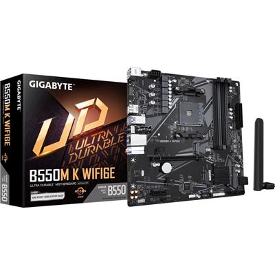 Gigabyte B550M K WIFI6E AMD AM4 Socket Motherboard, Micro-ATX, 4x DDR4 Slots, 2x M.2 Sockets, GbE LAN, Wi-Fi 6E, 1x DisplayPort / 1x HDMI Port