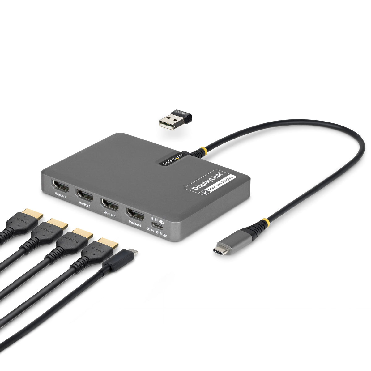 StarTech.com USB-C to Quad-Monitor Workstation Adapter, 4K 60Hz HDMI, 140W PD Passthrough for Laptop Charging, USB Port for Wireless Keyboard / Mouse, TAA