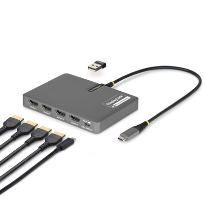 StarTech.com USB-C to Quad-Monitor Workstation Adapter, 4K 60Hz HDMI, 140W PD Passthrough for Laptop Charging, USB Port for Wireless Keyboard / Mouse, TAA