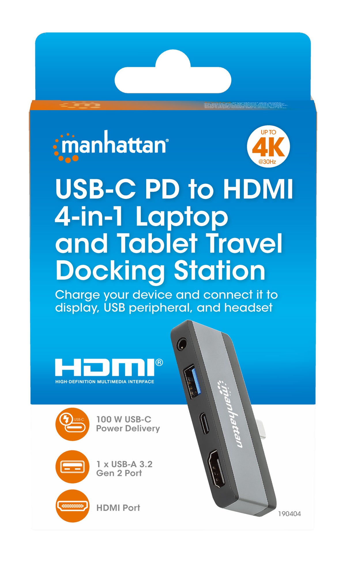 Manhattan USB-C Travel Dock/Hub, Ports (x4): HDMI, USB-A, USB-C and 3.5mm audio, With Power Delivery (100W) to USB-C Port, USB powered (no external power supply required)