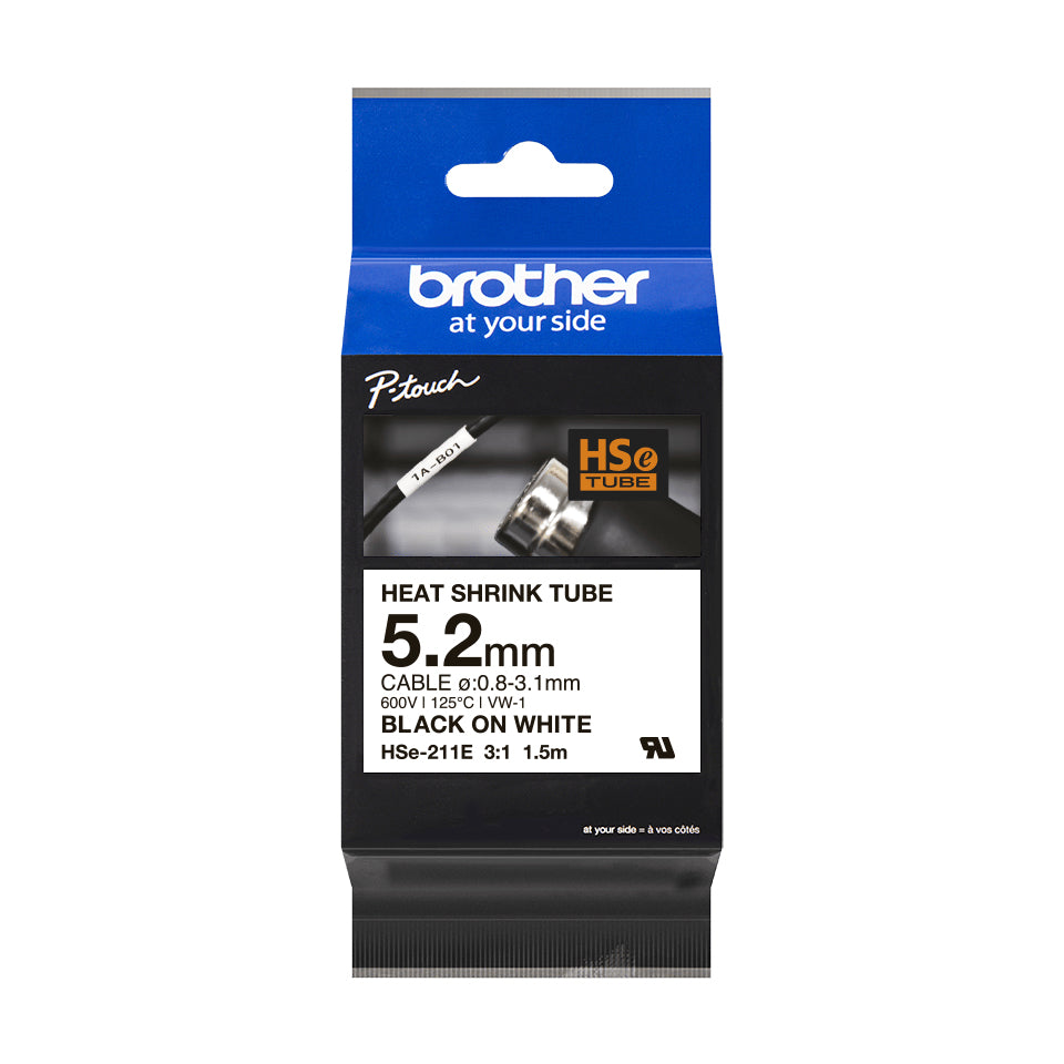 Brother HSE-211E Heat Shrink Tubes black on white 5,2mm x 1,5m for Brother P-Touch TZ 3.5-18mm HSE/24mm HSE/36mm HSE