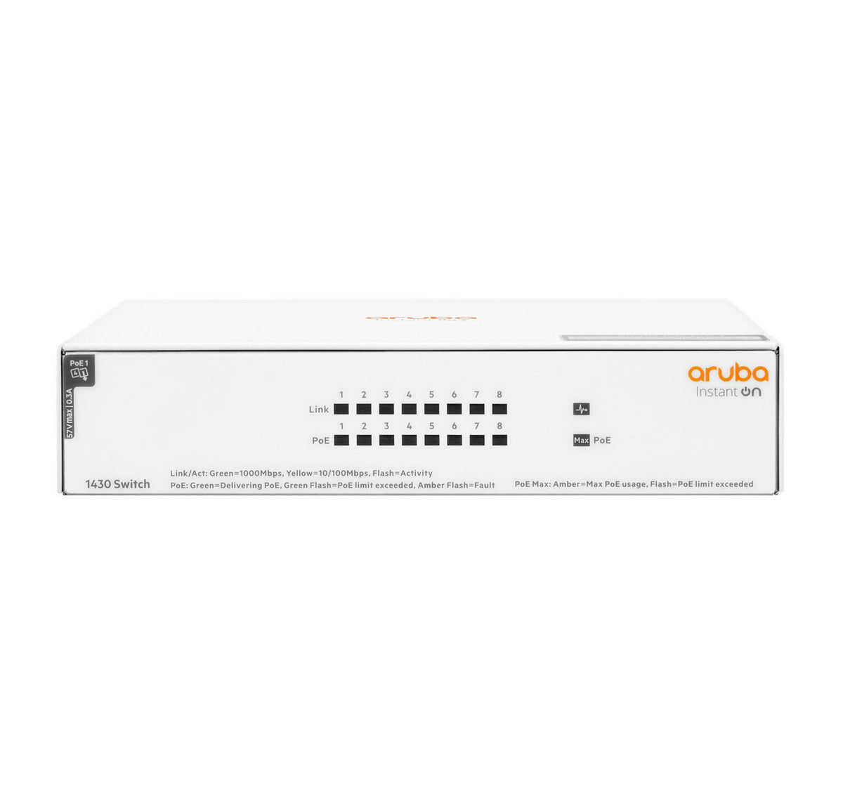 Hewlett Packard Enterprise Aruba Instant On 1430 8G Class4 Poe 64W Unmanaged L2 Gigabit Ethernet (10/100/1000) Power Over Ethernet (Poe) White