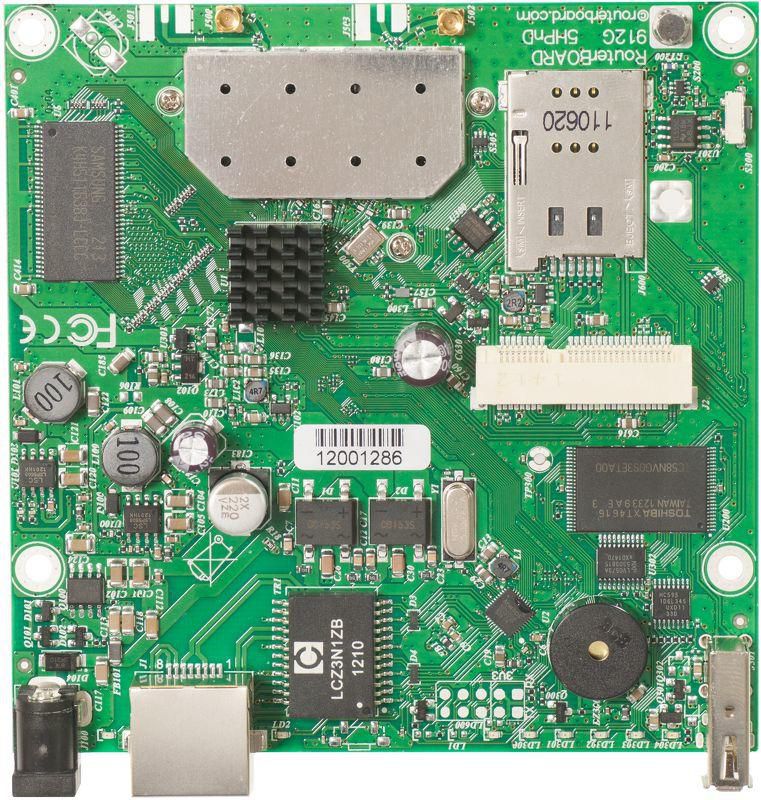 MikroTik RouterBOARD 912UAG with 600Mhz Atheros CPU, 64MB RAM, 1xGigabit LAN, USB, miniPCIe, built-in 5Ghz 802.11a/n 2x2 two chain wireless, 2x