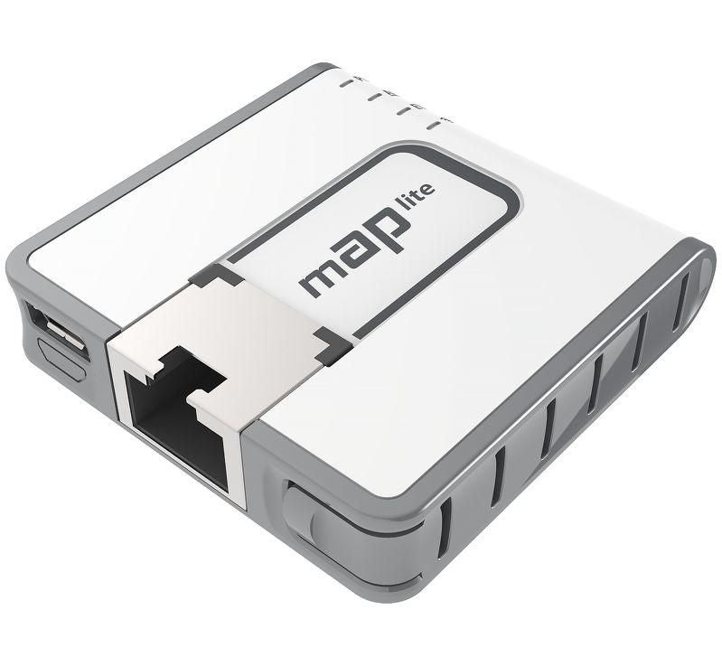 MikroTik mAP lite with 650Mhz CPU, 64MB RAM, 1xLAN, built-in Dual Chain 2.4Ghz 802.11bgn wireless with integrated antennas, RouterOS L4, plastic c