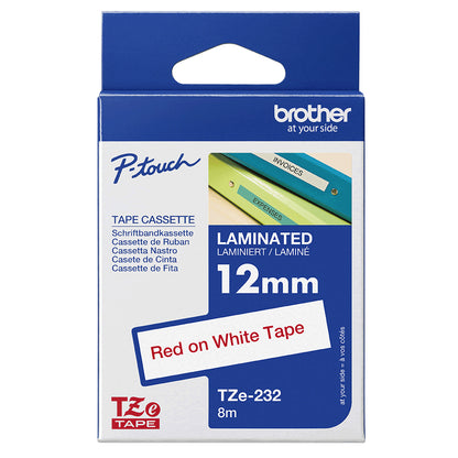 Brother TZE-232 DirectLabel red on white Laminat 12mm x 8m for Brother P-Touch TZ 3.5-18mm/6-12mm/6-18mm/6-24mm/6-36mm