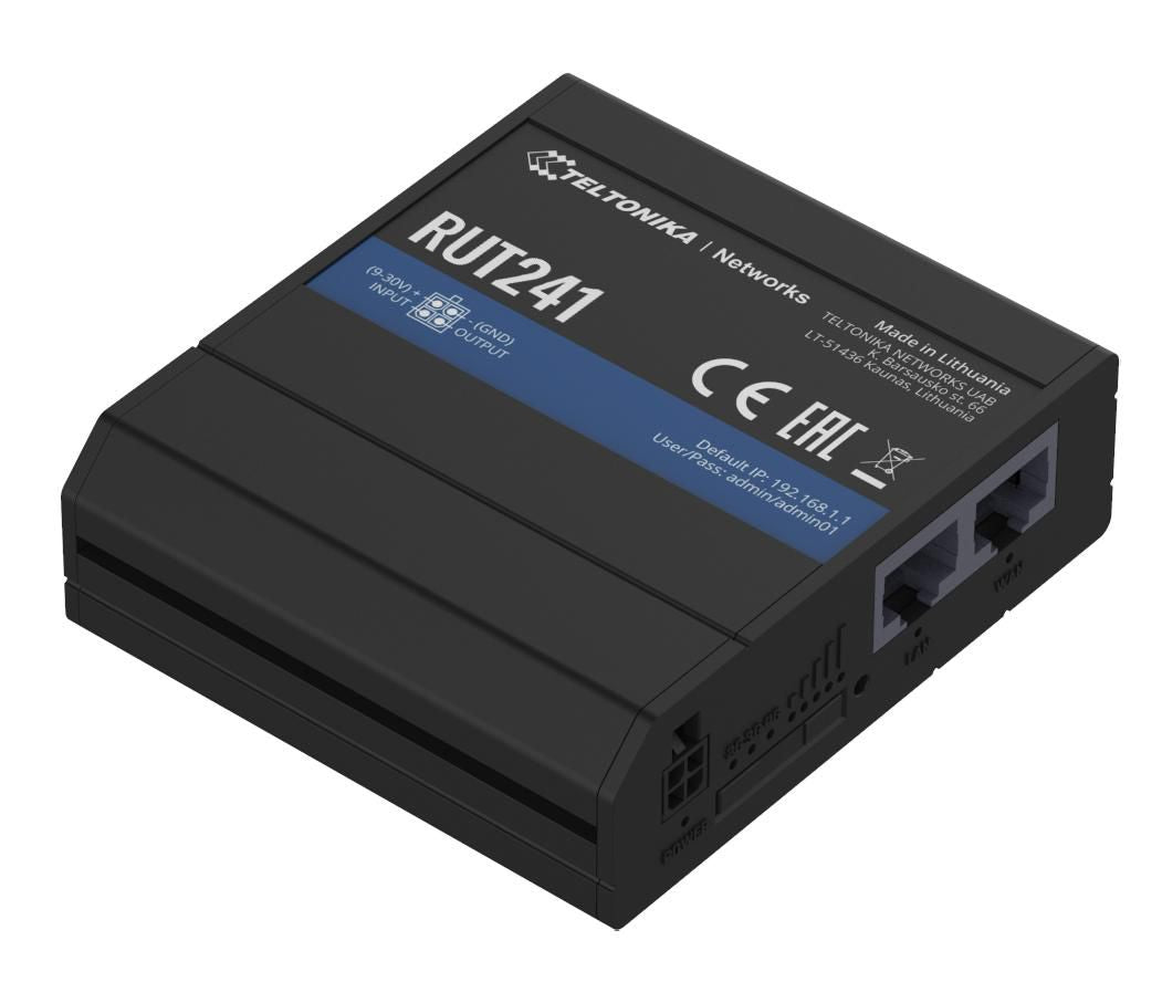 Teltonika Networks RUT241 (EU) 4G LTE ROUTER Teltonika RUT241, Cellular network router, Black, Aluminium, Plastic, DIN-rail, Industrial, Gigabit