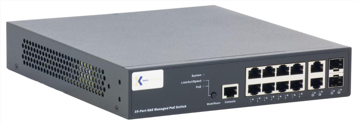 Barox Switches for 19"- and table mounting with management, 8x10/100/1000TX with PoE+, 2xCombo (100/1000SFP or 10/100/1000TX), L2/3 Static
