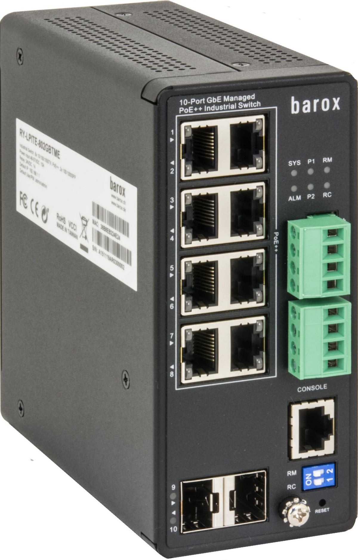 Barox Switch for DIN rail, 1GBit/s, with management, statiscUm Routing and extended temperature range, 1GBit/s, 8x10/100/1000TX, RJ45,
