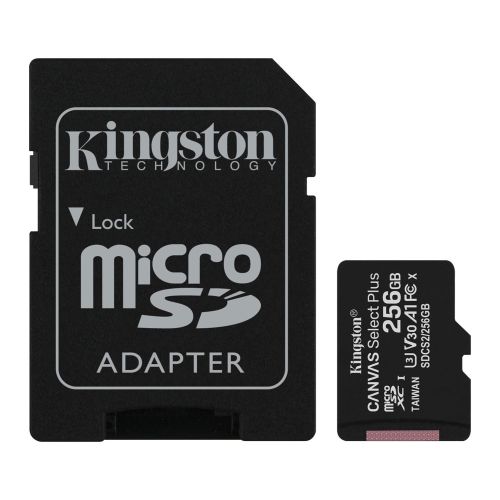 Kingston 256GB Canvas Select Plus Micro SDXC Card with SD Adapter, UHS-I Class 10, U3, A1 App Performance, 100MB/s