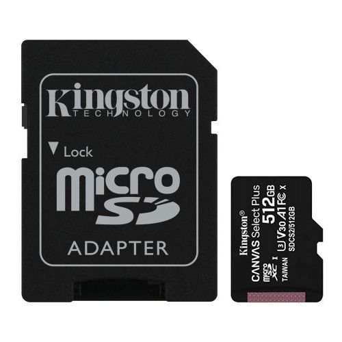 Kingston 512GB Canvas Select Plus Micro SDXC Card with SD Adapter, UHS-I Class 10, U3, A1 App Performance, 100MB/s