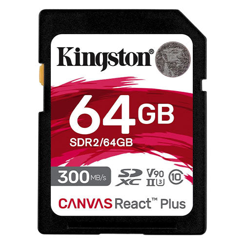 Kingston 64GB Canvas React Plus SDXC Card, UHS-II Class 10, U3, For 8K/3D/VR Videos/Photos, R/W 300/260MB/s