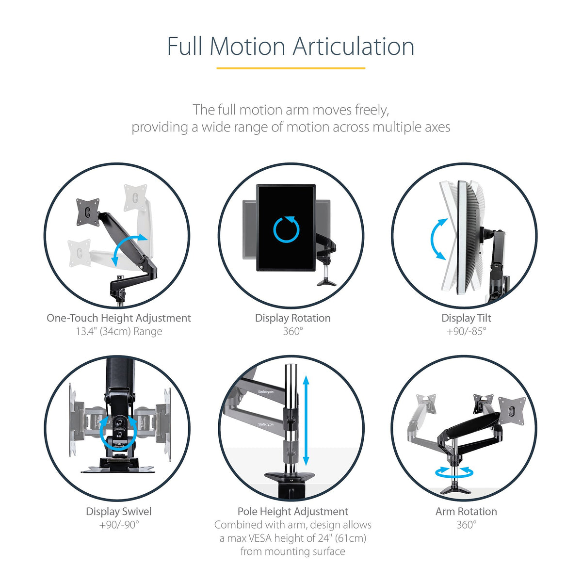 StarTech.com Desk Mount Monitor Arm for Single VESA Display up to 32" or 49" Ultrawide (17.6lb/8kg) - Full Motion Articulating & Height Adjustable - C-Clamp, Grommet - Single Monitor Arm