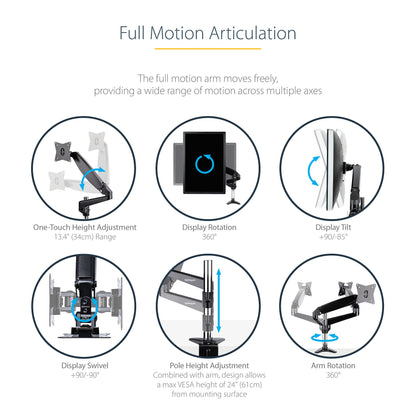 StarTech.com Desk Mount Monitor Arm for Single VESA Display up to 32" or 49" Ultrawide (17.6lb/8kg) - Full Motion Articulating & Height Adjustable - C-Clamp, Grommet - Single Monitor Arm
